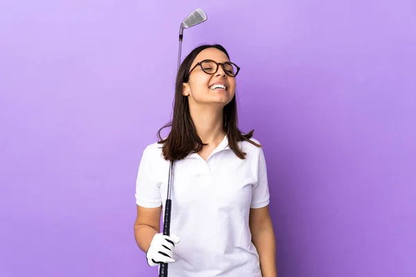 Jovem Golfista Mulher Sobre Isolado Colorido Fundo Rindo — Fotografia de Stock