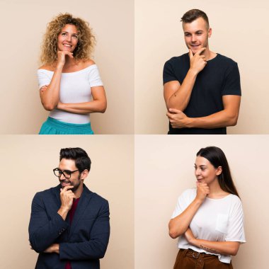 İzole edilmiş arka planda bir grup insan yan tarafa bakıyor.