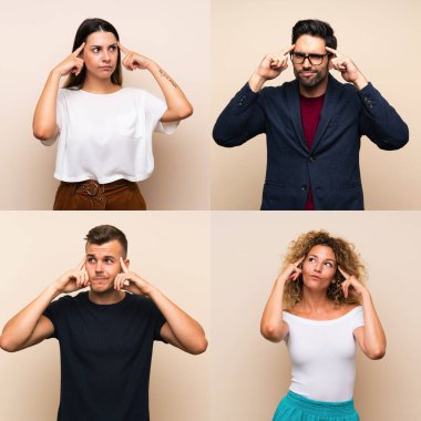 İzole edilmiş arka planda kuşkuları ve düşünceleri olan bir grup insan.