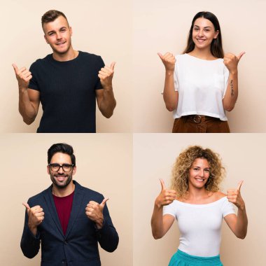 Soyutlanmış arka planda, iyi niyetli ve gülümseyen bir grup insan.