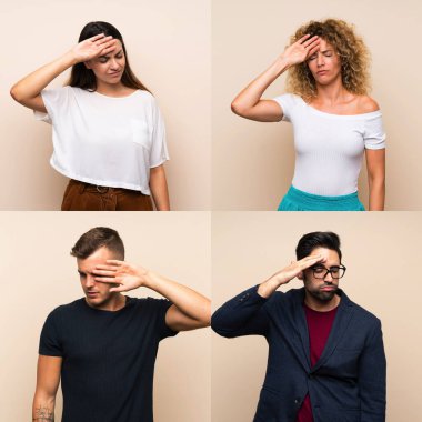 Yorgun ve hasta bir ifadeyle izole edilmiş arka planda kalan insanlar.