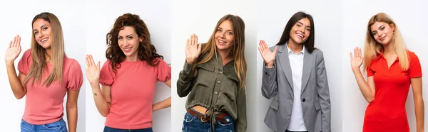 Set Van Jonge Vrouwen Witte Achtergrond Salueren Met Hand Met — Stockfoto
