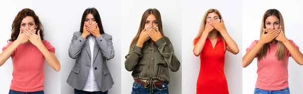 Conjunto Mulheres Jovens Sobre Fundo Branco Cobrindo Boca Com Mãos — Fotografia de Stock