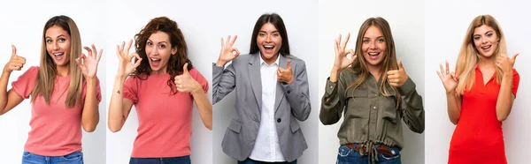 Conjunto Mulheres Jovens Sobre Fundo Branco Mostrando Sinal Polegar Para — Fotografia de Stock