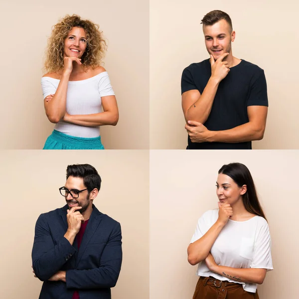 İzole edilmiş arka planda bir grup insan yan tarafa bakıyor.