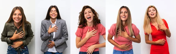 Set of young women over white background smiling a lot