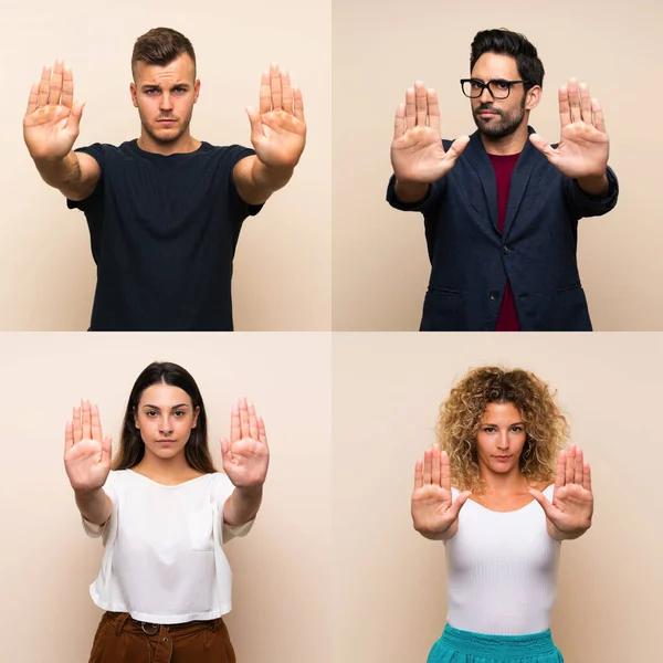 Gruppe Von Menschen Mit Isoliertem Hintergrund Macht Stop Geste Und — Stockfoto