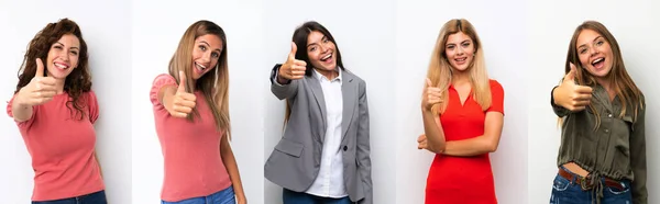 Conjunto Mujeres Jóvenes Sobre Fondo Blanco Con Pulgares Hacia Arriba — Foto de Stock