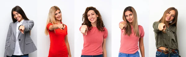 Set Young Women White Background Points Finger You Confident Expression — Stock Photo, Image