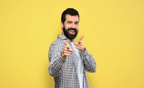 Handsome Man Beard Pointing Front Smiling — Stock Photo, Image