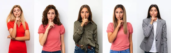口の中に指を入れて沈黙のジェスチャーの兆候を示す白い背景に若い女性のセット — ストック写真