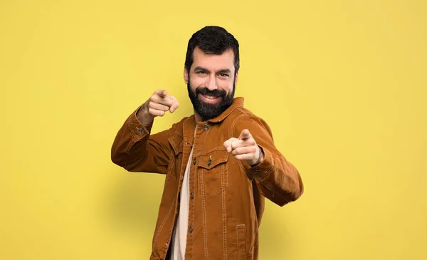 Handsome Man Beard Points Finger You While Smiling — Stock Photo, Image