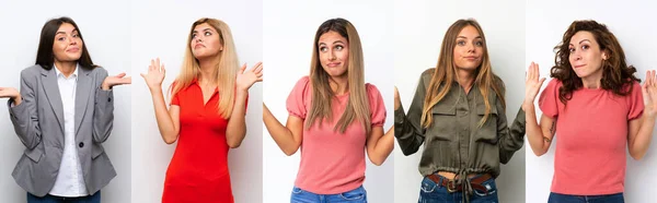 Set Young Women White Background Making Doubts Gesture — Stock Photo, Image