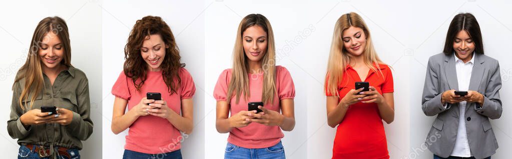 Set of young women over white background sending a message with the mobile