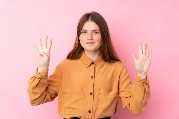 Ukrajinský Teenager Dívka Přes Izolované Růžové Pozadí Počítání Devět Prsty — Stock fotografie