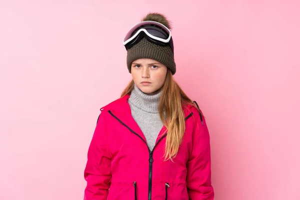 Ucraniano Adolescente Esquiador Chica Con Gafas Snowboard Sobre Aislado Rosa —  Fotos de Stock