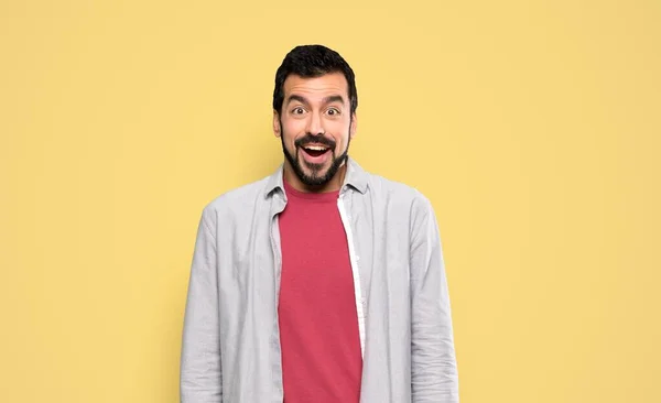 Handsome Man Beard Surprise Facial Expression Isolated Yellow Background — 图库照片