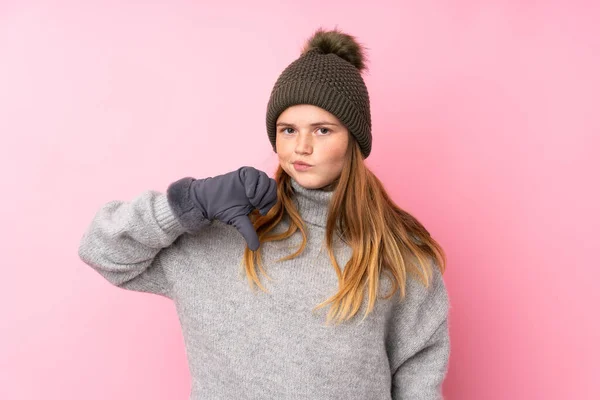 Ukrainian Teenager Girl Winter Hat Isolated Pink Background Showing Thumb — Stock Photo, Image