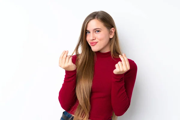 Teenager Blonde Girl Isolated White Background Making Money Gesture — Stock Photo, Image