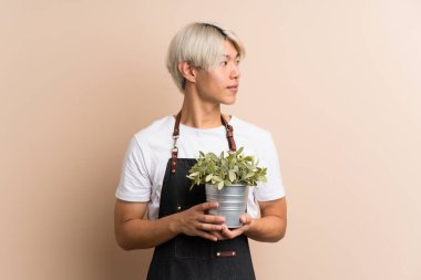 Asyalı genç bir adam, izole bir arka planda saksı alıyor.