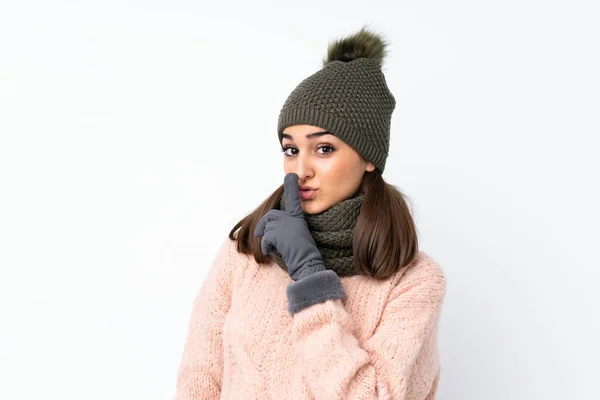 Chica Joven Con Sombrero Invierno Sobre Fondo Blanco Aislado Haciendo —  Fotos de Stock