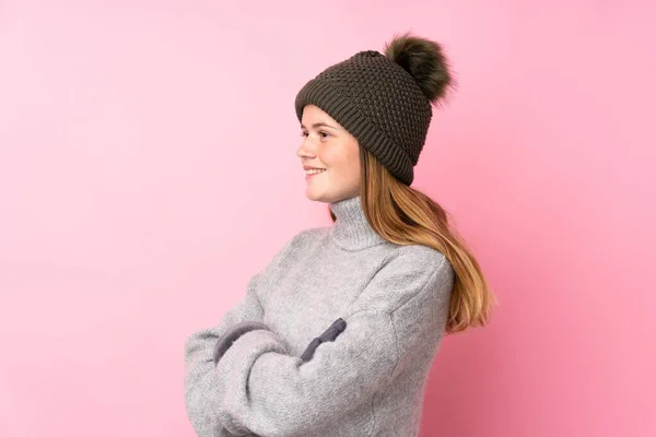 Ukrainian Teenager Girl Winter Hat Isolated Pink Background Looking Side — Stock Photo, Image
