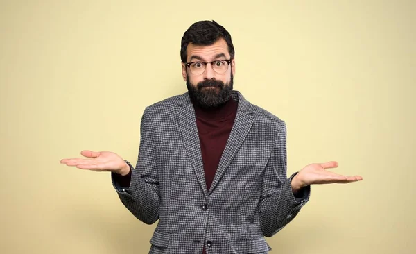 Handsome Man Glasses Having Doubts While Raising Hands — Stock Photo, Image