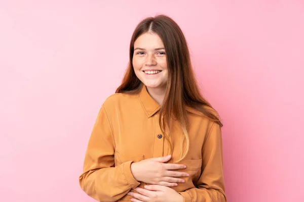 Ucraniano Adolescente Chica Sobre Aislado Rosa Fondo Sonriendo Mucho —  Fotos de Stock