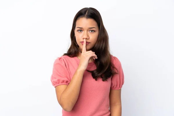 Joven Colombiana Sobre Fondo Blanco Aislado Mostrando Gesto Silencio Poniendo — Foto de Stock