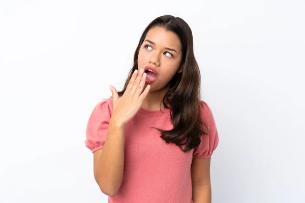 Young Colombian Girl Isolated White Background Yawning Covering Wide Open — Stock Photo, Image