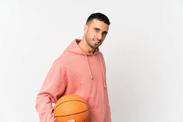 Joven Sobre Fondo Blanco Aislado Con Pelota Baloncesto —  Fotos de Stock