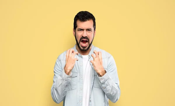 Handsome Man Beard Frustrated Bad Situation Isolated Yellow Background — 图库照片
