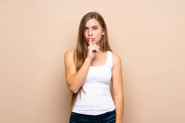 Teenager Blonde Girl Isolated Background Showing Sign Silence Gesture Putting — Stock Photo, Image