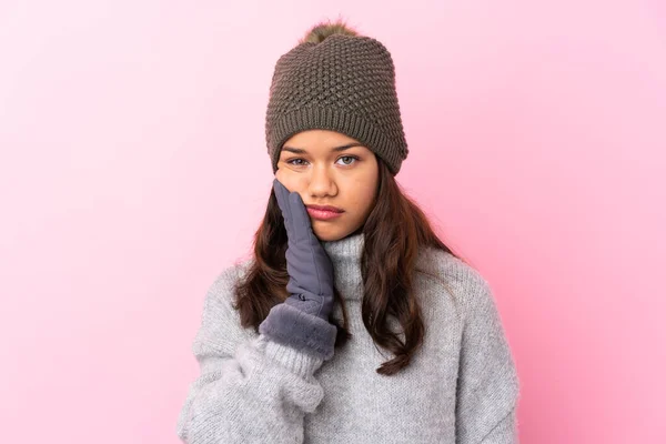 Young Colombian Girl Winter Hat Isolated Pink Wall Unhappy Frustrated — Stock Photo, Image