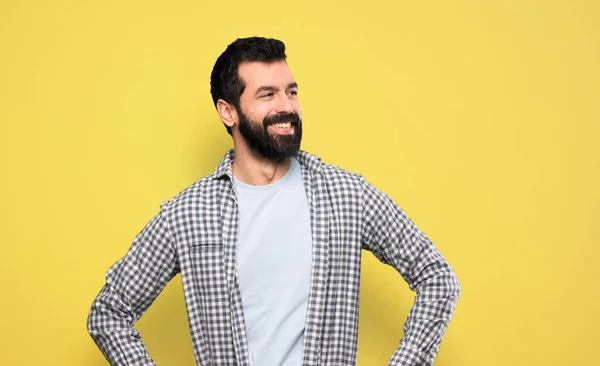 Handsome Man Beard Posing Arms Hip Smiling — Stok fotoğraf