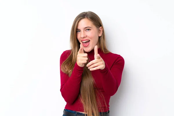 Teenager Blondýny Dívka Přes Izolované Bílé Pozadí Ukazuje Přední Usmívá — Stock fotografie
