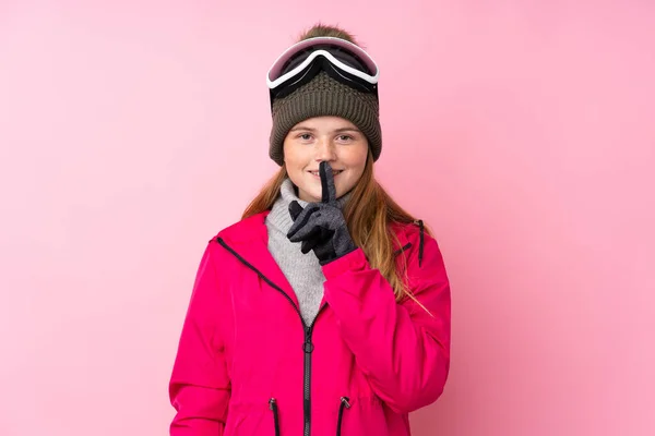Ucraniano Adolescente Esquiador Menina Com Snowboard Óculos Sobre Isolado Rosa — Fotografia de Stock