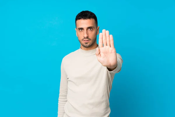 Young Man Isolated Blue Background Making Stop Gesture — ストック写真