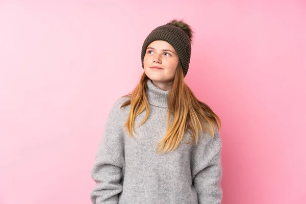 Ukrainian Teenager Girl Winter Hat Isolated Pink Background Standing Looking — Stock Photo, Image