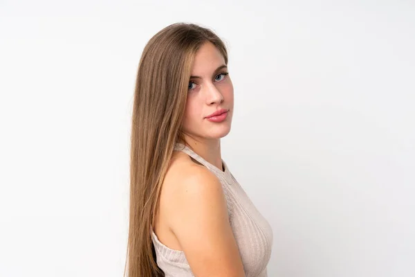 Retrato Menina Loira Adolescente Bonita Sobre Fundo Branco Isolado — Fotografia de Stock