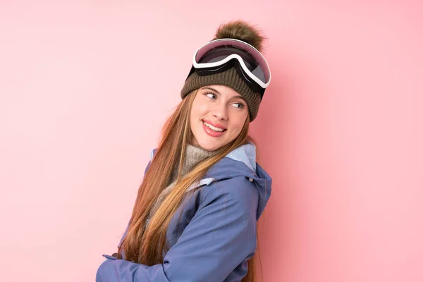 Skier Teenager Girl Snowboarding Glasses Isolated Pink Background Laughing — Stock Photo, Image