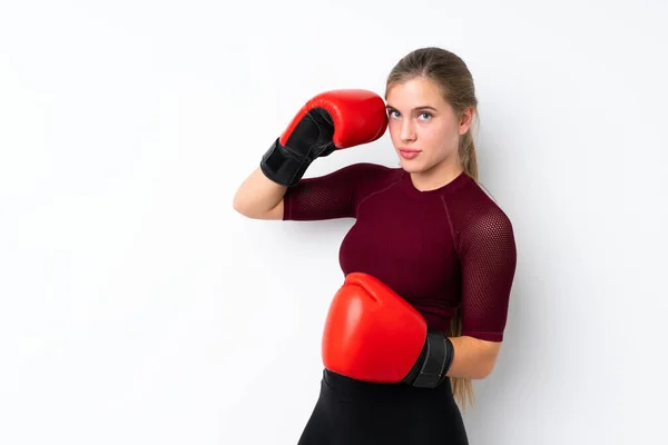 Sport Teenager Mädchen Über Isolierten Weißen Hintergrund Mit Boxhandschuhen — Stockfoto