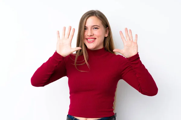 Teenager Blonde Girl Isolated White Background Counting Ten Fingers — Stock Photo, Image