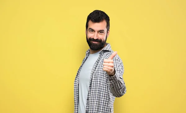 Handsome Man Beard Thumbs Because Something Good Has Happened — Stok fotoğraf