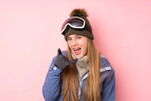 Skier Teenager Girl Snowboarding Glasses Isolated Pink Background Making Phone — Stock Photo, Image