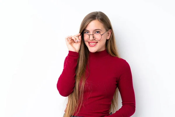 Tiener Blond Meisje Geïsoleerde Wit Achtergrond Met Bril Gelukkig — Stockfoto