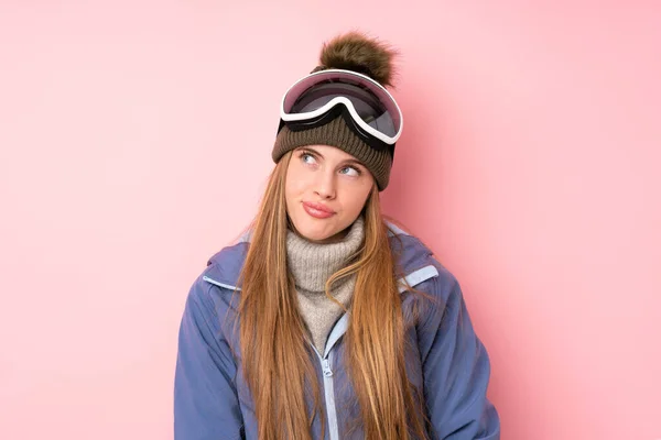 Skier Teenager Girl Snowboarding Glasses Isolated Pink Background Standing Looking — Stock Photo, Image