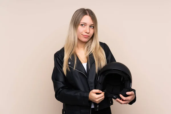 Young Blonde Woman Motorcycle Helmet Isolated Background Thinking Idea — Stock Photo, Image