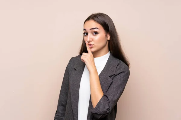 Chica Joven Sobre Fondo Aislado Haciendo Gesto Silencio —  Fotos de Stock