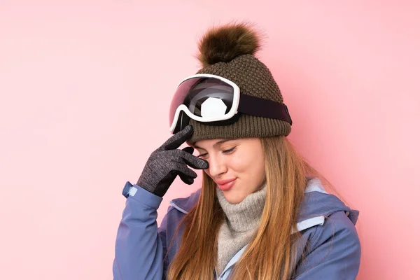 Skier Teenager Girl Snowboarding Glasses Isolated Pink Background Laughing — Stock Photo, Image